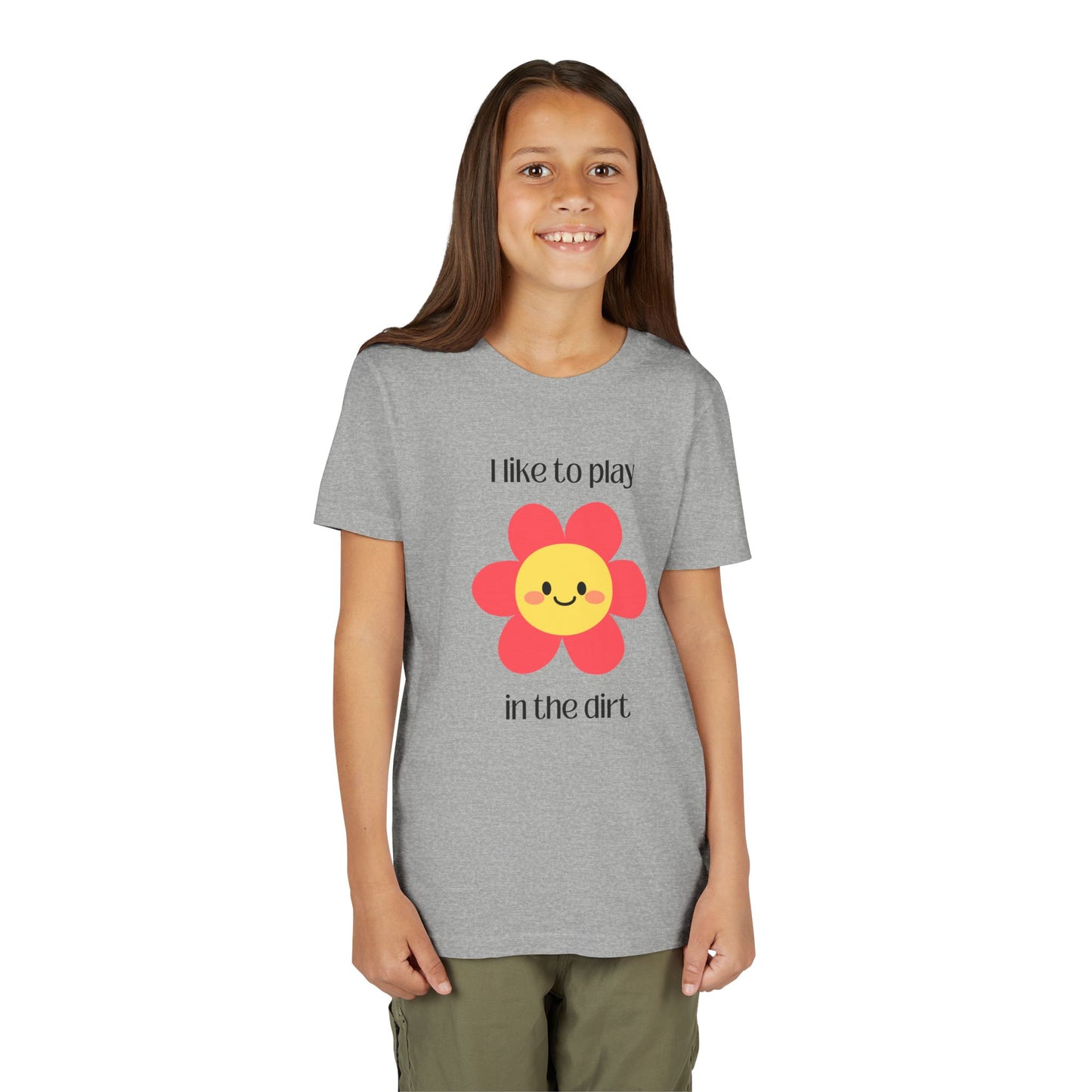 Model wearing "I like to play in the dirt"- Athletic Heather tee with pink flower