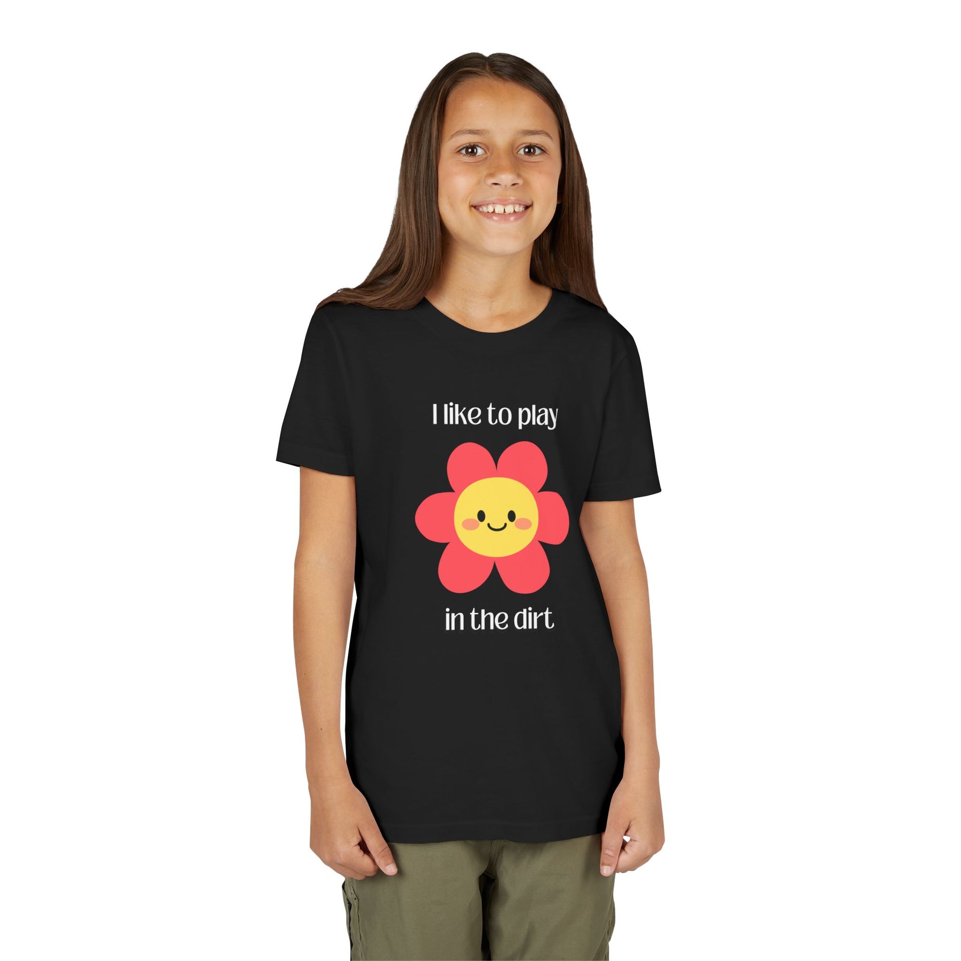 Model wearing "I like to play in the dirt"- Black tee with pink flower