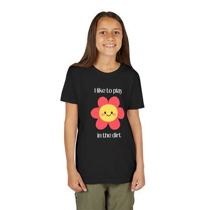 Model wearing "I like to play in the dirt"- Black tee with pink flower