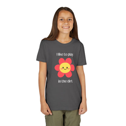 Model wearing "I like to play in the dirt"- Dark Heather Grey tee with pink flower
