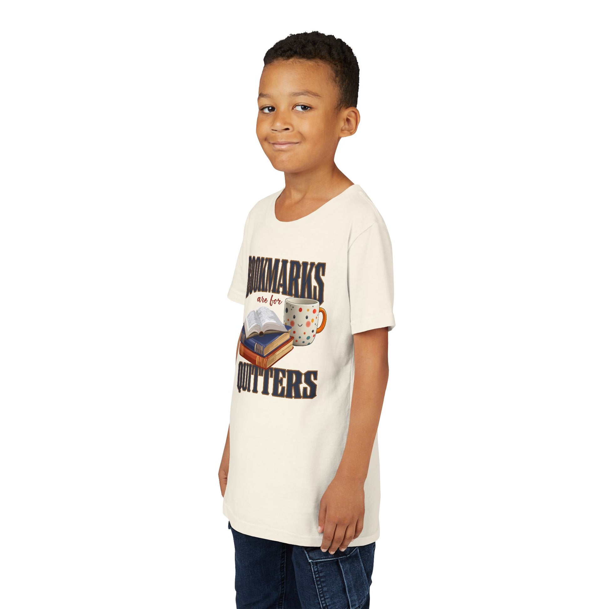 Model wearing natural “Bookmarks Are for Quitters” t-shirt