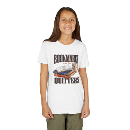 Model wearing white “Bookmarks Are for Quitters” t-shirt