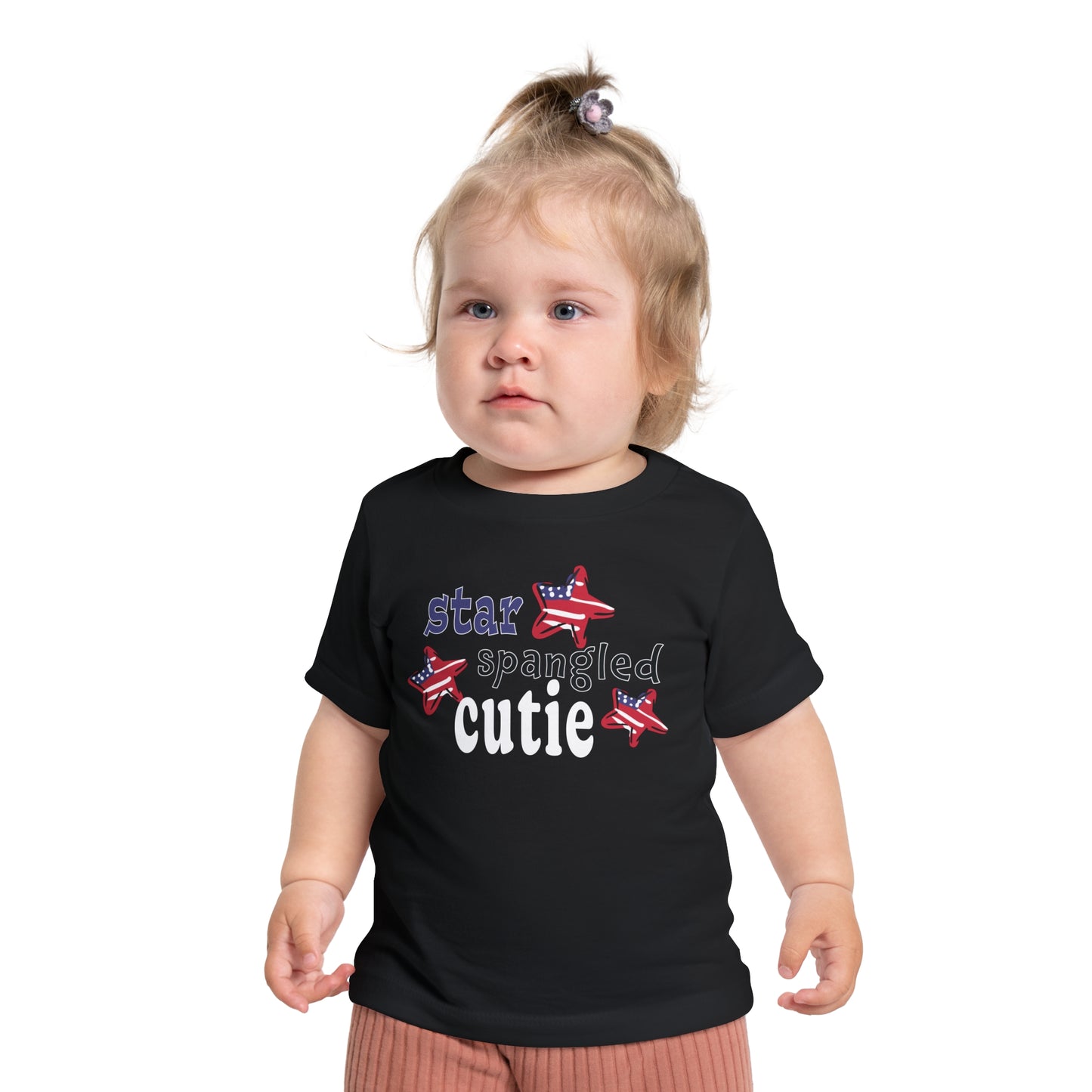 Baby wearing a black  t-shrit with typography and patriotic stars, t-shirt says "star spangled cutie"