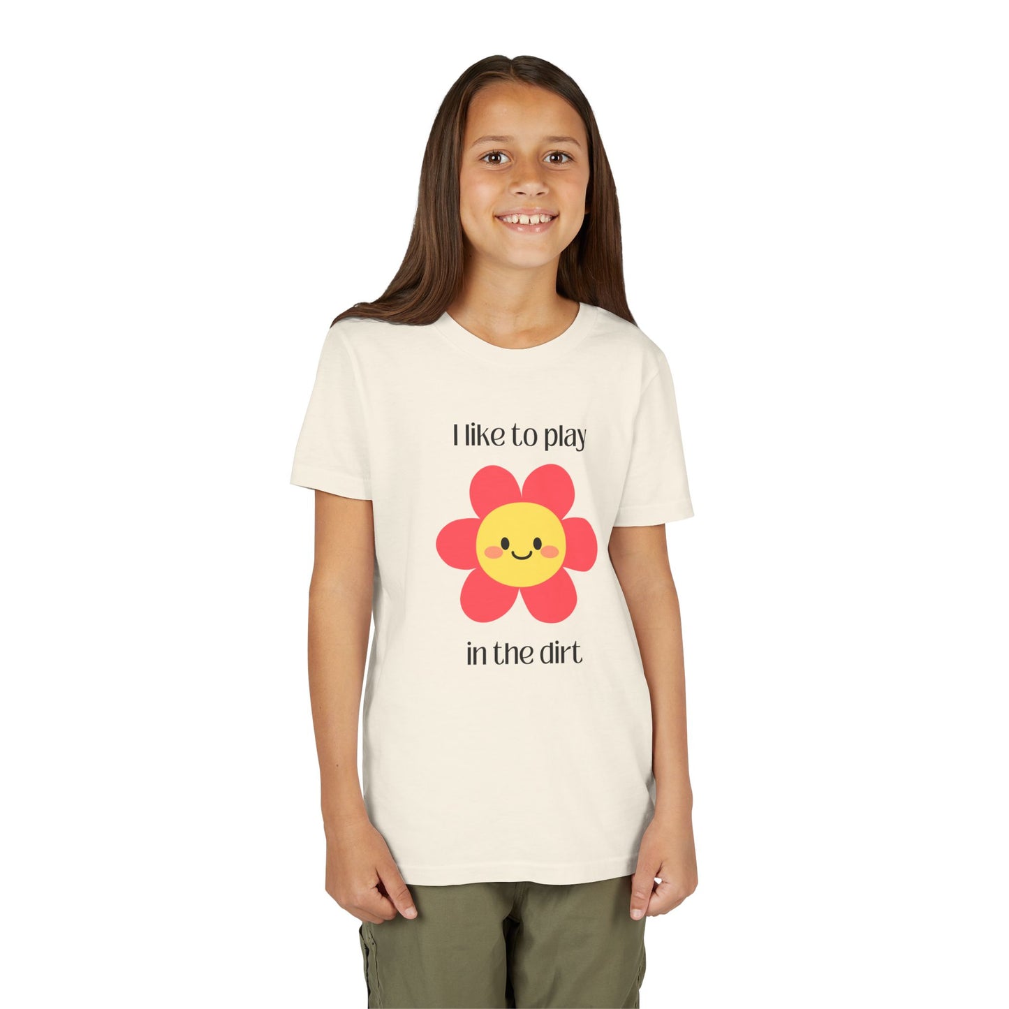 Model wearing "I like to play in the dirt"- Natural tee with pink flower