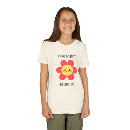 Model wearing "I like to play in the dirt"- Natural tee with pink flower