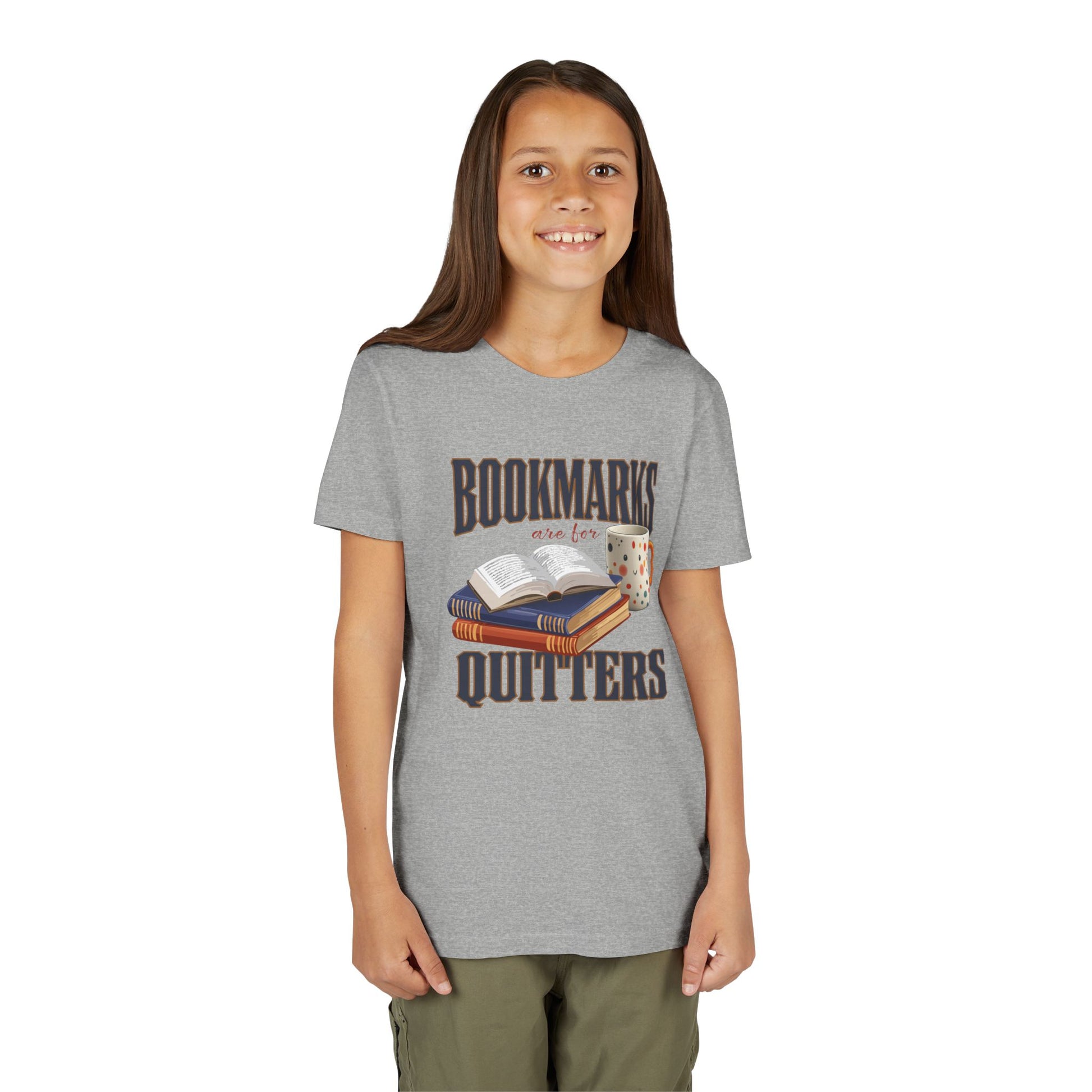 Model wearing- Athletic Heather “Bookmarks Are for Quitters” t-shirt