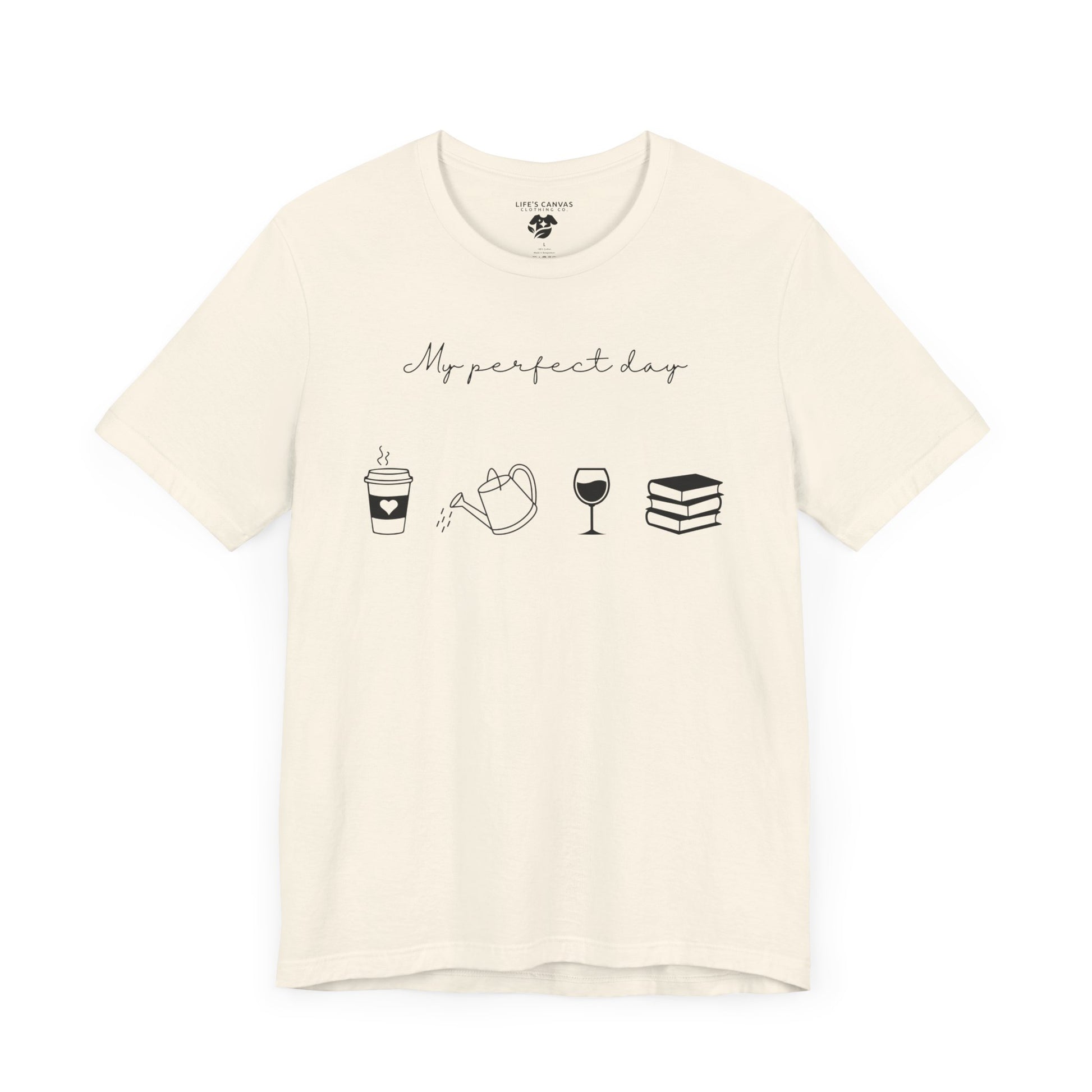 Natural flat "My perfect day"  t-shirt with coffee, water can, wine, and book icons