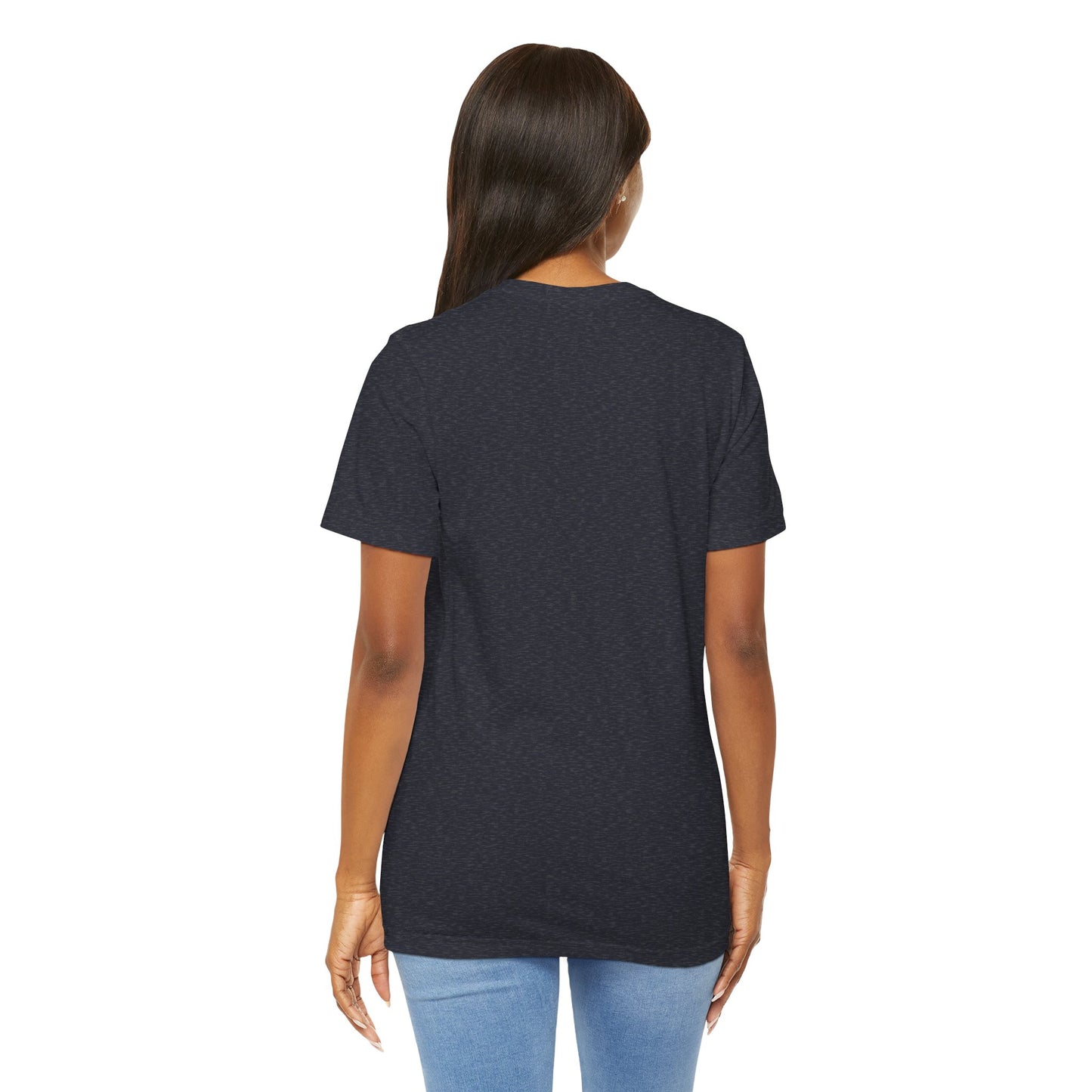 Navy Heather Back view  of woman wearing Roam Rest Repeat minimalist unisex tee