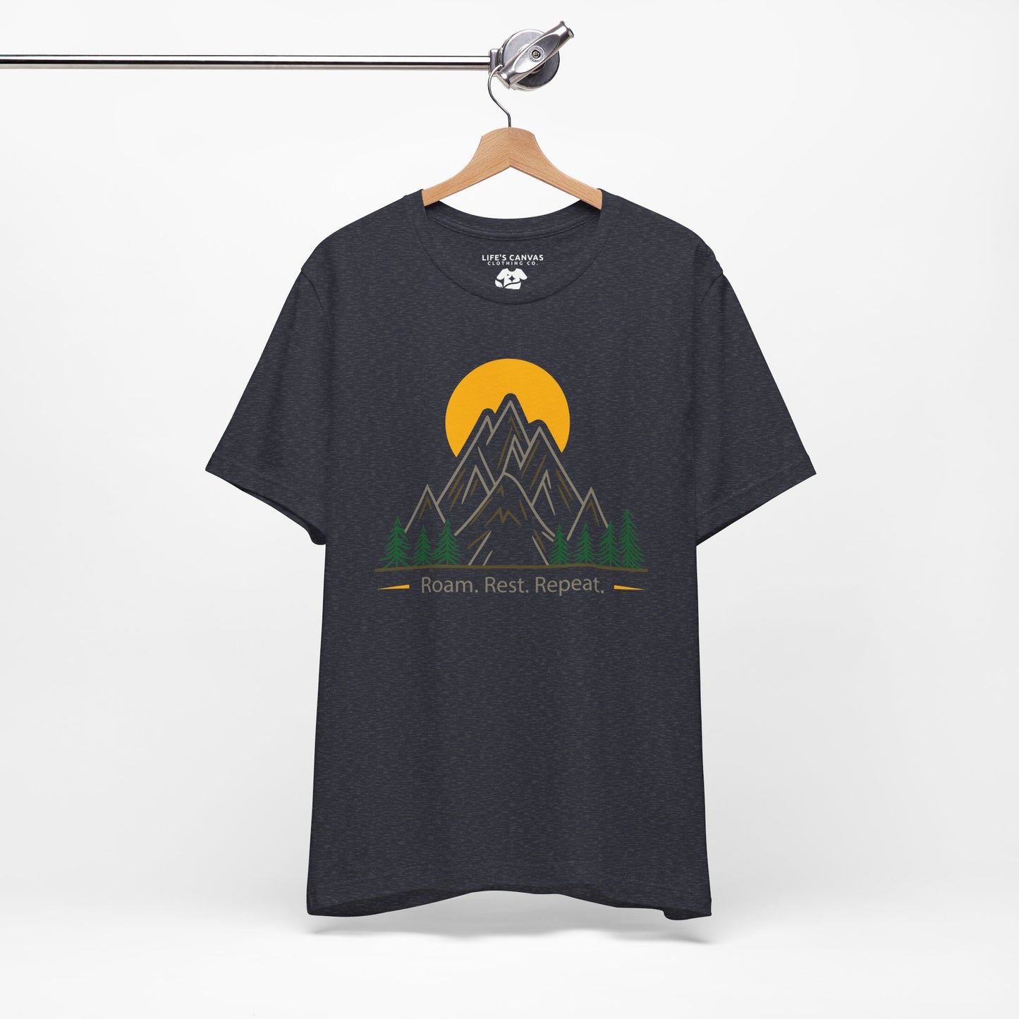 Navy_Heather_Roam_Rest_Repeat_minimalist_unisex_tee on hanger