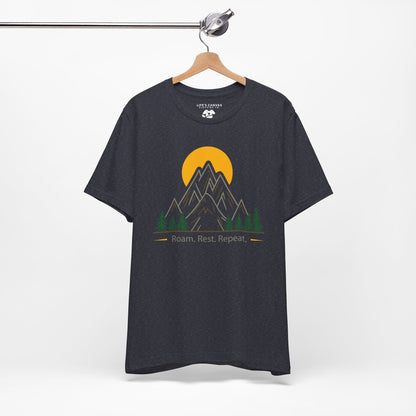 Navy_Heather_Roam_Rest_Repeat_minimalist_unisex_tee on hanger