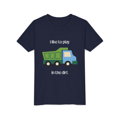Navy I like to play in the dirt t-shirt laying  flat longer shirt