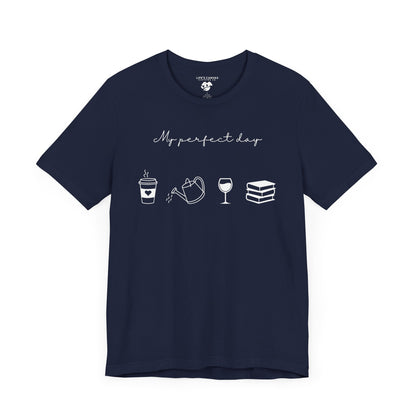 Navy flat "My perfect day"  t-shirt with coffee, water can, wine, and book icons