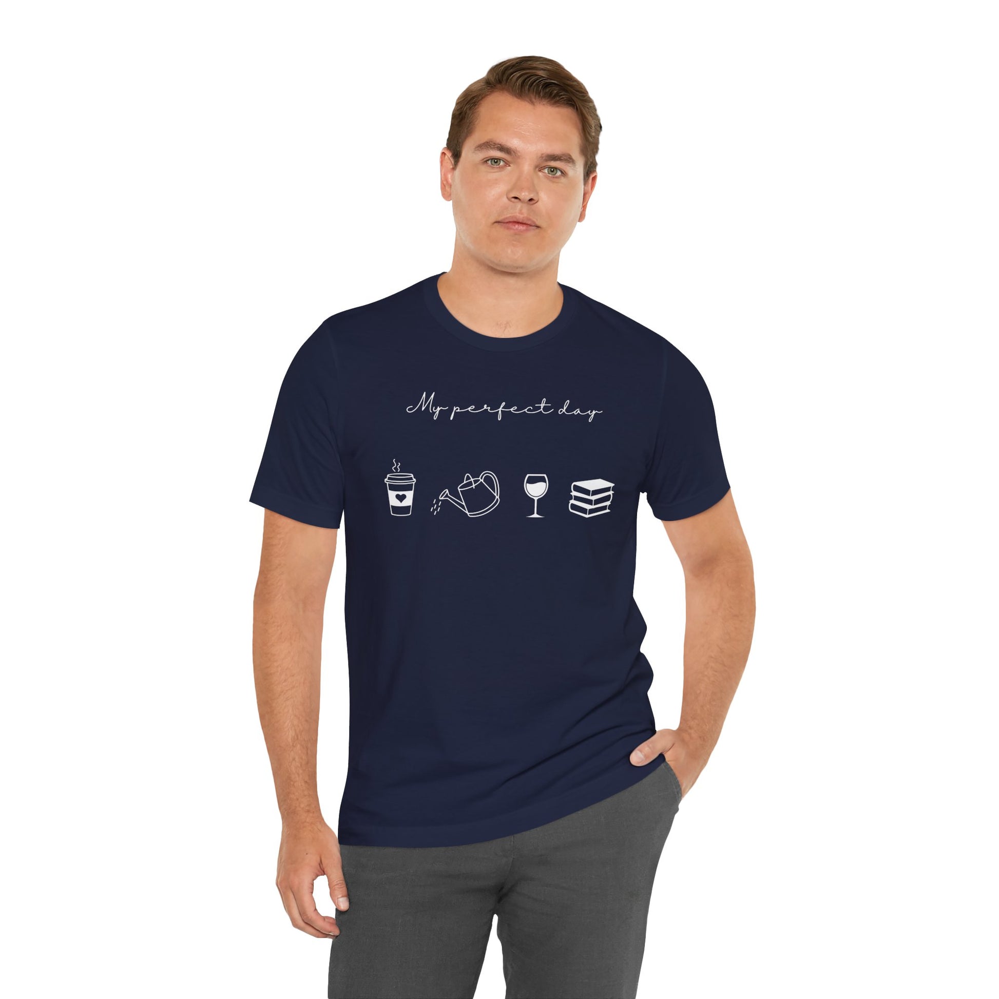 Navy "My perfect day"  t-shirt with coffee, water can, wine, and book icons on a model