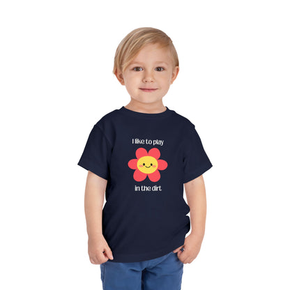 Navy toddler I like to play in the dirt flower tee with toddler posing