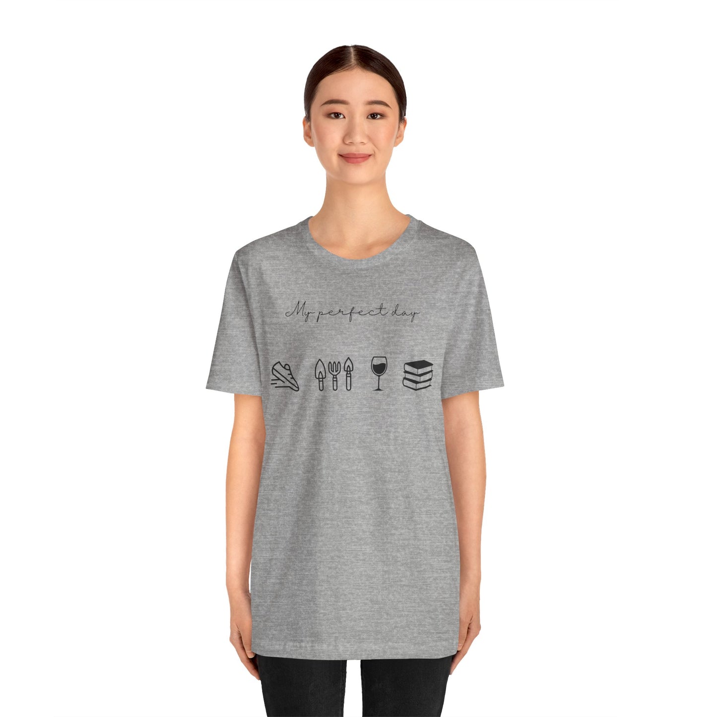 Unisex shirt with jog, garden, wine, and book icons on model in Athletic heather