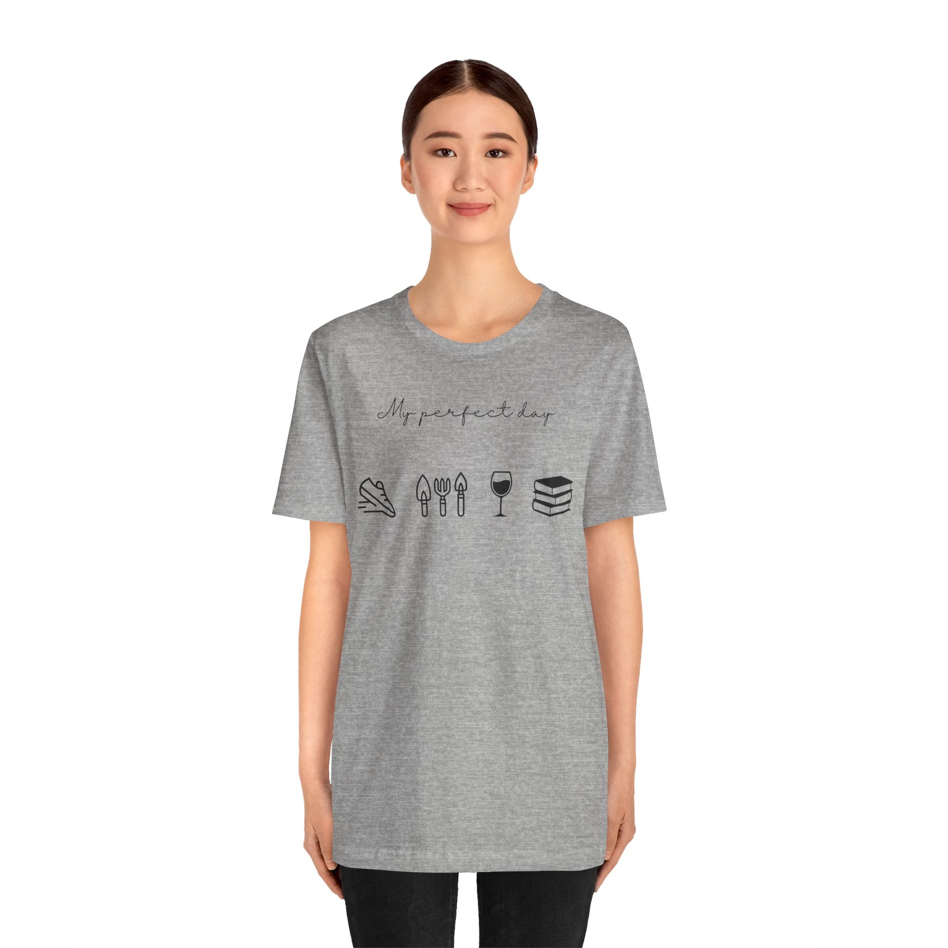 Unisex shirt with jog, garden, wine, and book icons on model in Athletic heather