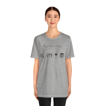 Unisex shirt with jog, garden, wine, and book icons on model in Athletic heather