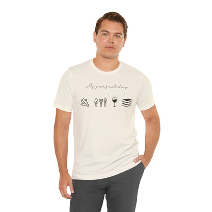 Unisex shirt with jog, garden, wine, and book icons on a model in natural