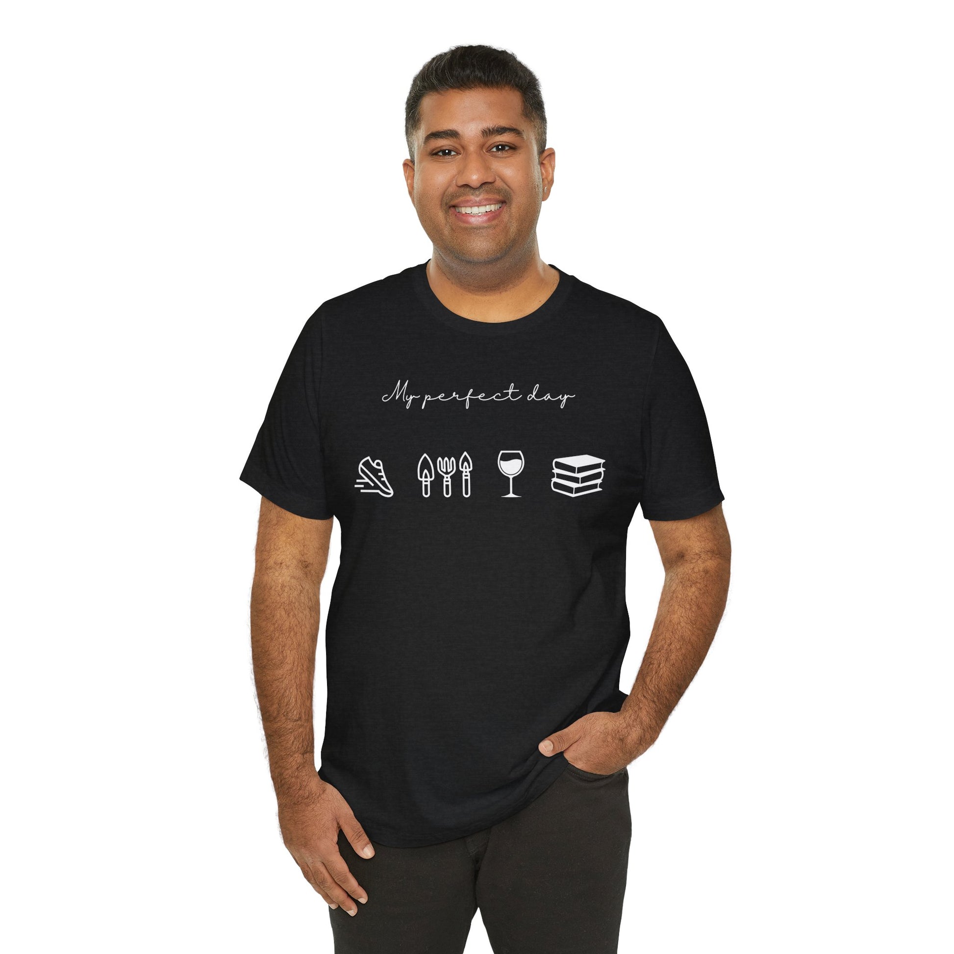 Unisex shirt with jog, garden, wine, and book icons on model in solid black bled