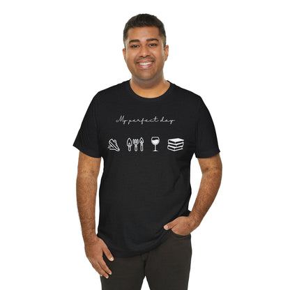 Unisex shirt with jog, garden, wine, and book icons on model in solid black bled