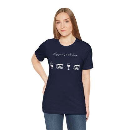 Perfect day shirt for book lovers and introverts, coffee, wine, and books- on model in navy