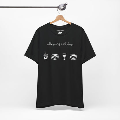 Perfect day shirt for book lovers and introverts, coffee, wine, and books- hanging in black