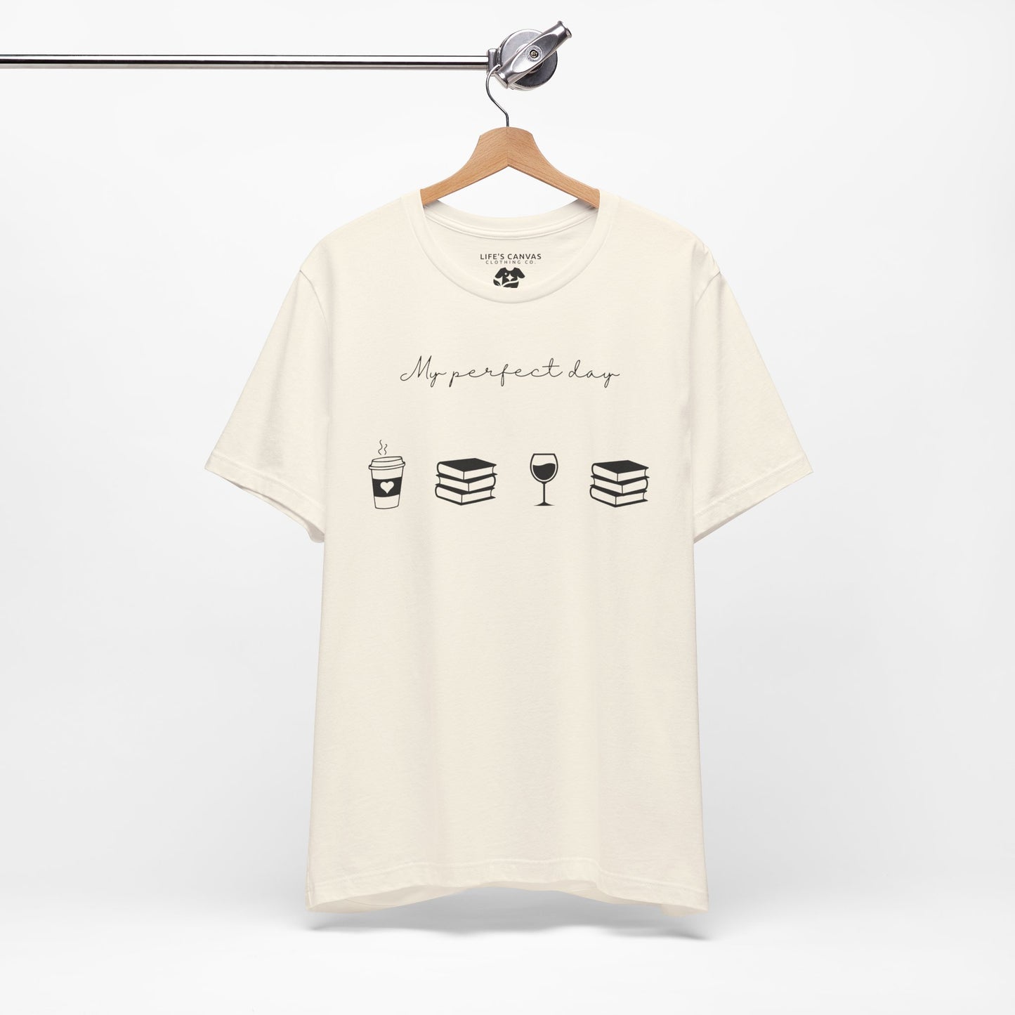 Perfect day shirt for book lovers and introverts, coffee, wine, and books- hanging in natural