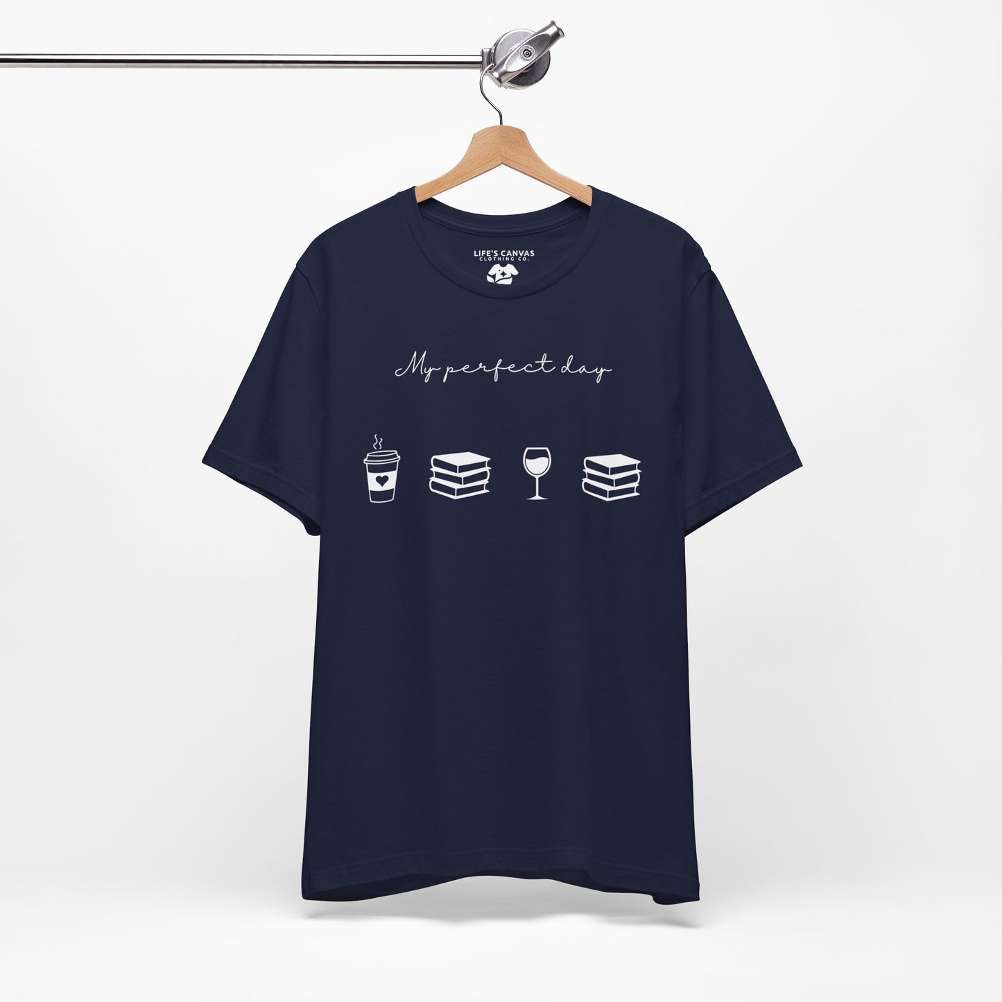 Perfect day shirt for book lovers and introverts, coffee, wine, and books- hanging in navy
