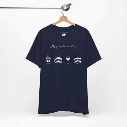 Perfect day shirt for book lovers and introverts, coffee, wine, and books- hanging in navy