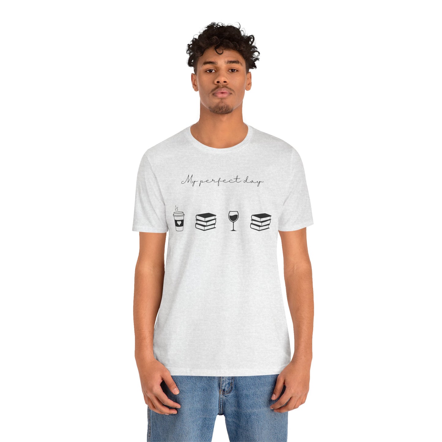 Perfect day shirt for book lovers and introverts, coffee, wine, and books- on model in ash
