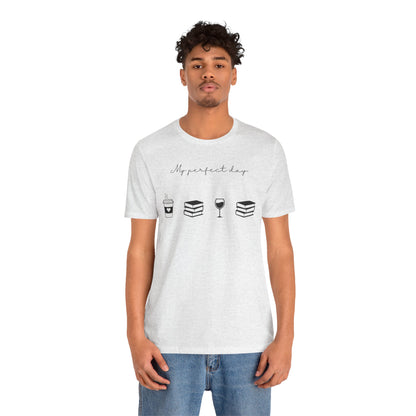 Perfect day shirt for book lovers and introverts, coffee, wine, and books- on model in ash