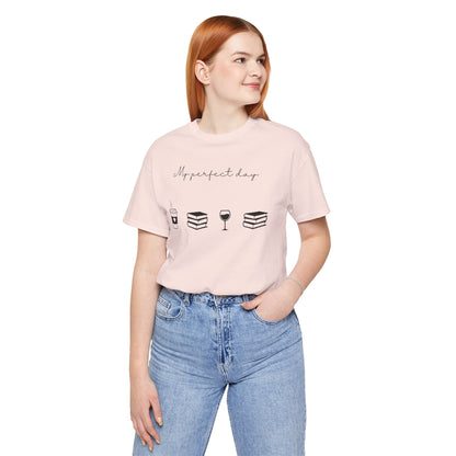 Perfect day shirt for book lovers and introverts, coffee, wine, and books- on model in soft pink