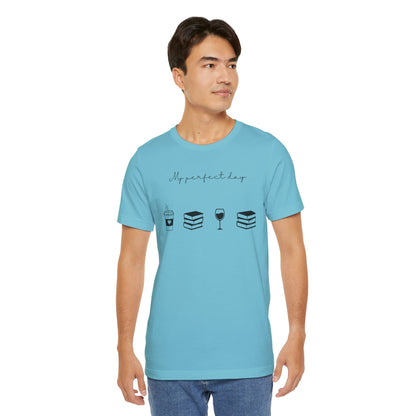 Perfect day shirt for book lovers and introverts, coffee, wine, and books- on model in turquoise
