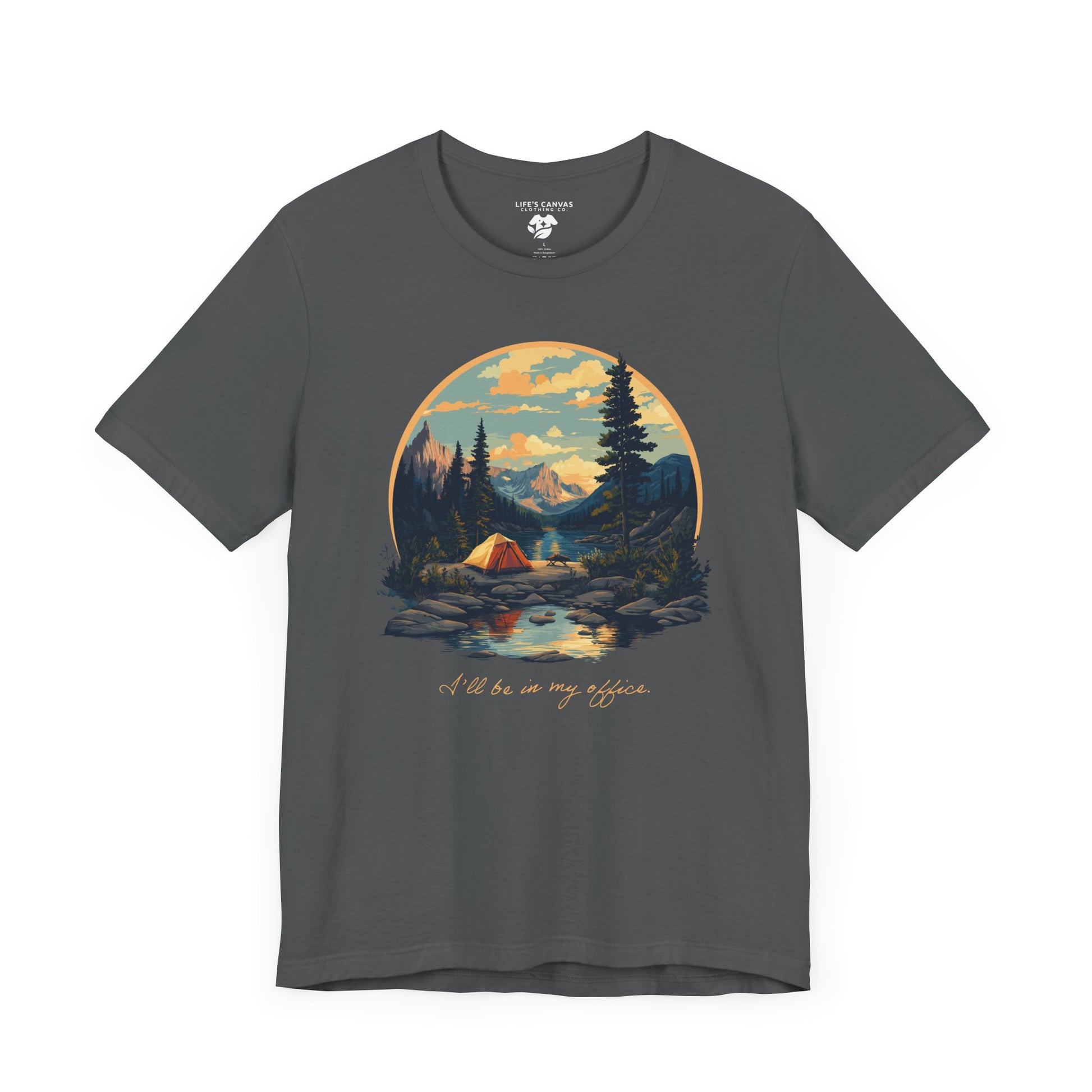 Retro camping landscape t-shirt with tent and mountains"I'll be in my office" in Asphalt laying flat