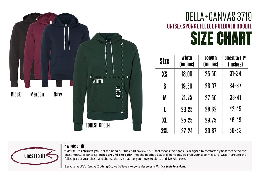Bella+Canvas 3719 size chart fleece hoodies