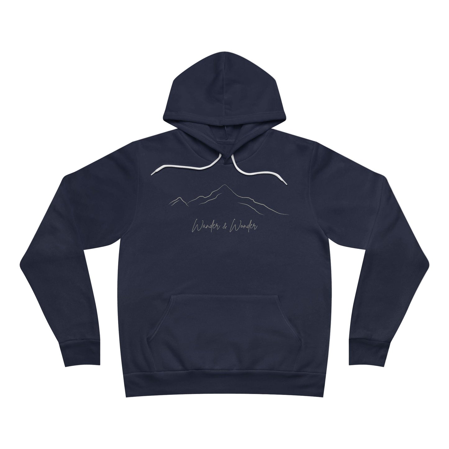 Soft pullover hoodie with minimalist "Wander and Wonder" graphic- Navy