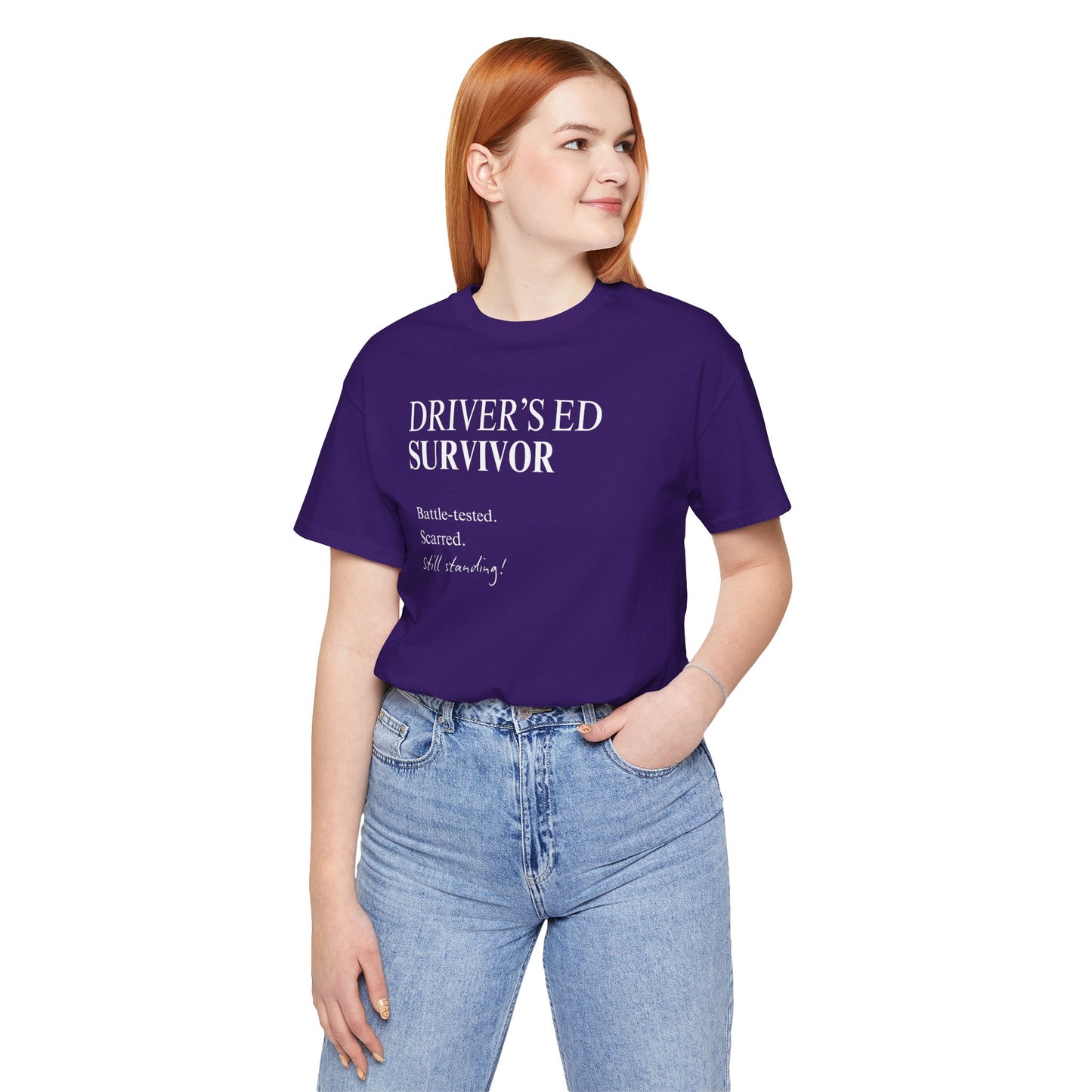 Team purple drivers ed survivor tee  front on model