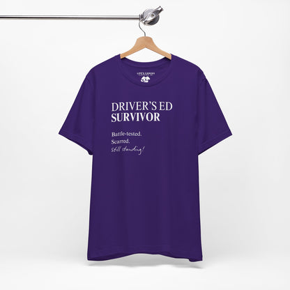 Team purple drivers ed survivor tee on hanger