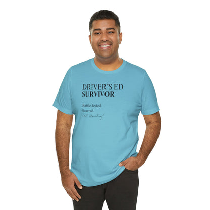 Turquoise drivers ed survivor tee  front on model
