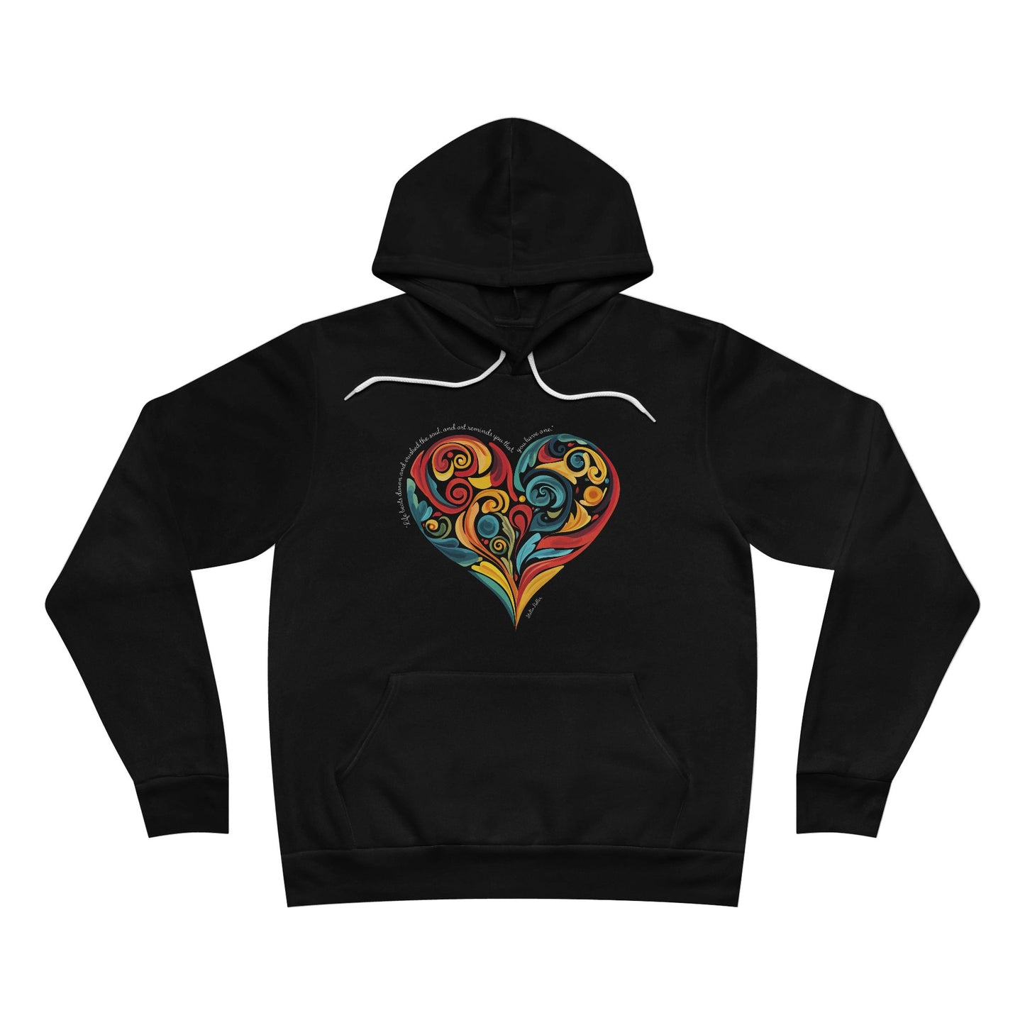 Unisex fleece hoodie with colorful heart swirl and Stella Adler- black