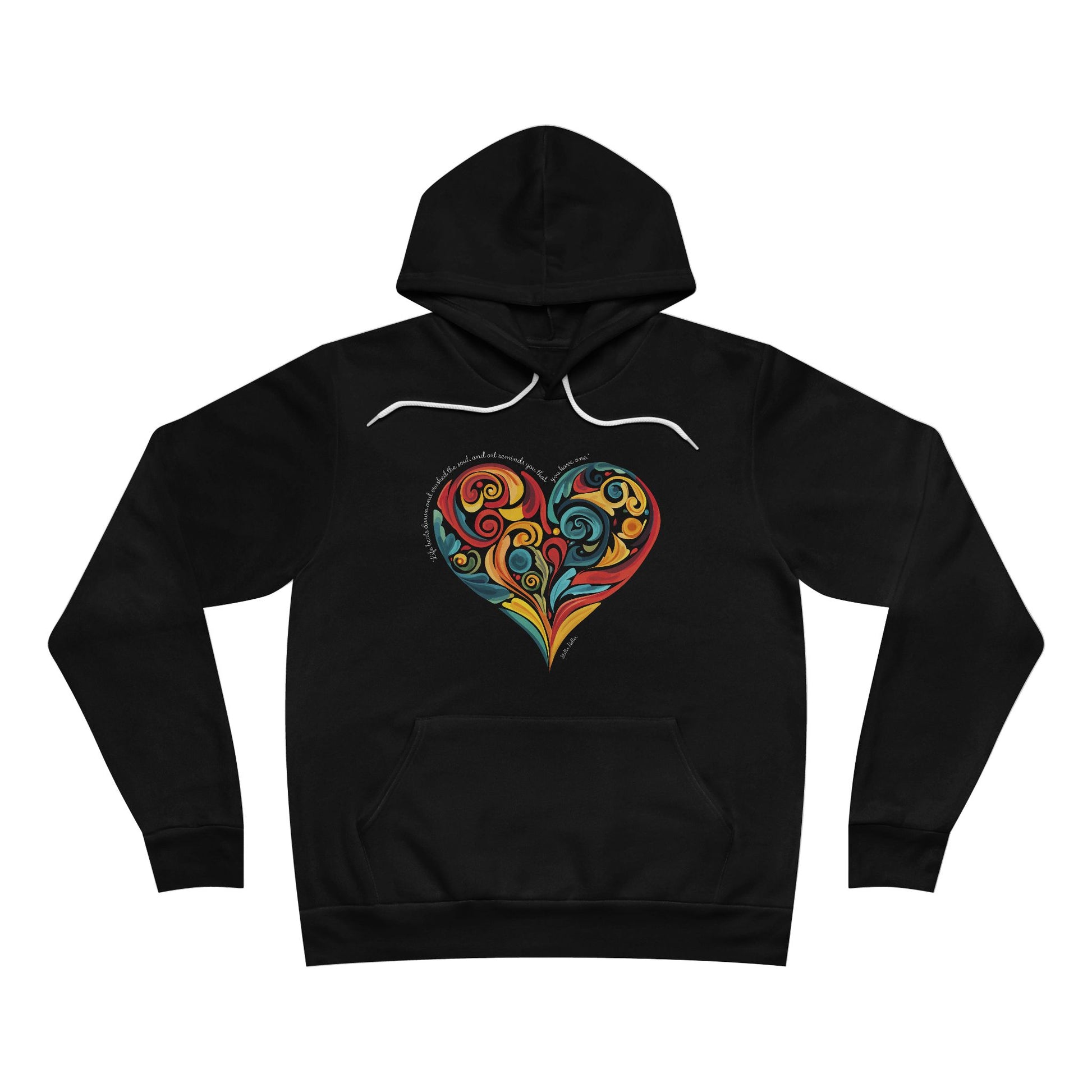Unisex fleece hoodie with colorful heart swirl and Stella Adler- black