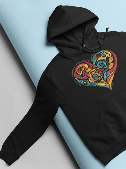 Unisex fleece hoodie with colorful heart swirl and Stella Adler quote on front, shown laid flat.