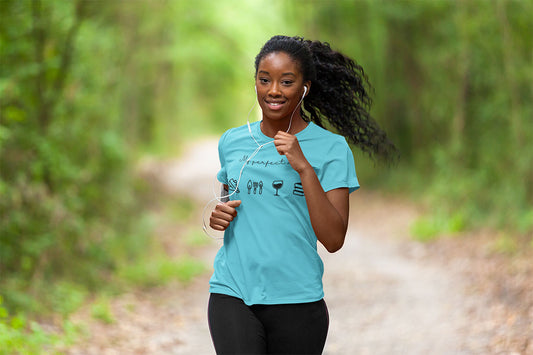 Unisex shirt with jog, garden, wine, and book icons on a woman doing her daily jog