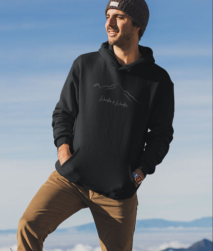 Unisex sponge fleece hoodie with “Wander and Wonder” design- Black