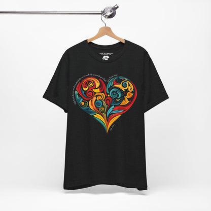 Unisex t-shirt with Stella Adler quote and heart swirl design on hanger- black