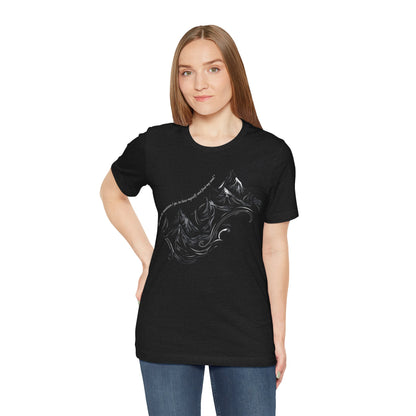 Unisex t-shirt with sketched mountain design and John Muir quote “Into the Mountains I go...”- Black on a model