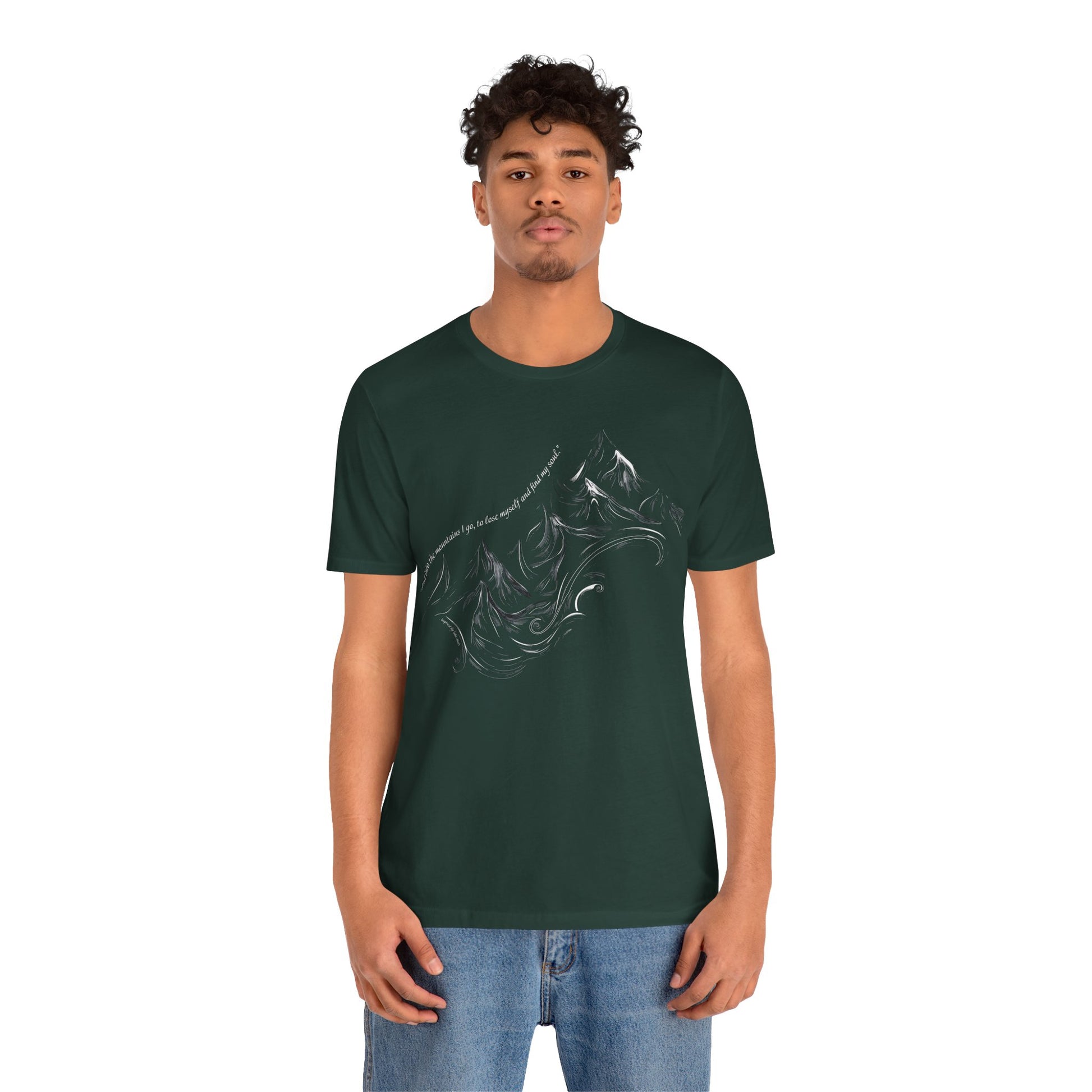Unisex t-shirt with sketched mountain design and John Muir quote “Into the Mountains I go...”- Forest on a model