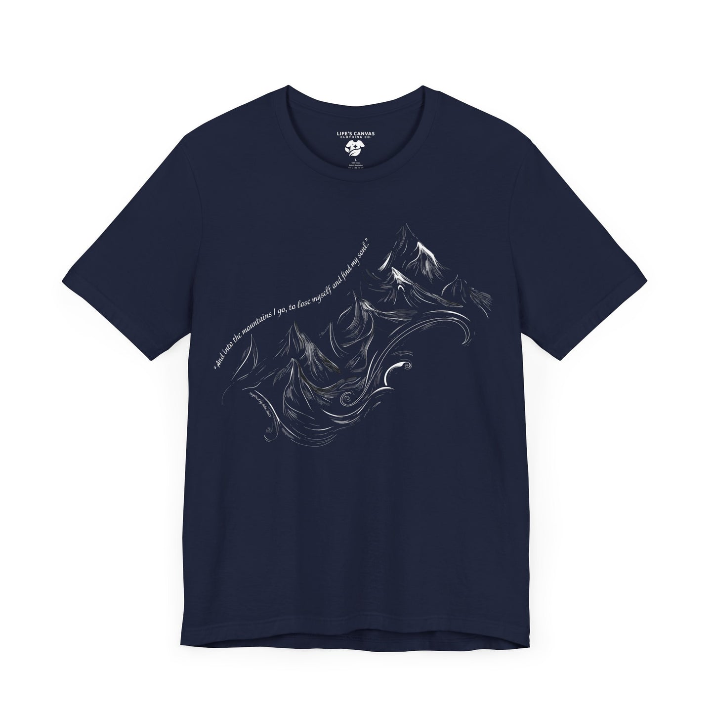 Unisex t-shirt with sketched mountain design and John Muir quote “Into the Mountains I go...”- Navy laying flat
