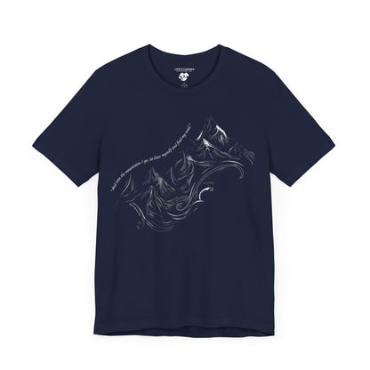 Unisex t-shirt with sketched mountain design and John Muir quote “Into the Mountains I go...”- Navy laying flat