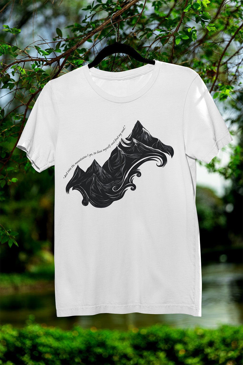 Unisex t-shirt with sketched mountain design and John Muir quote “Into the Mountains I go...”- White